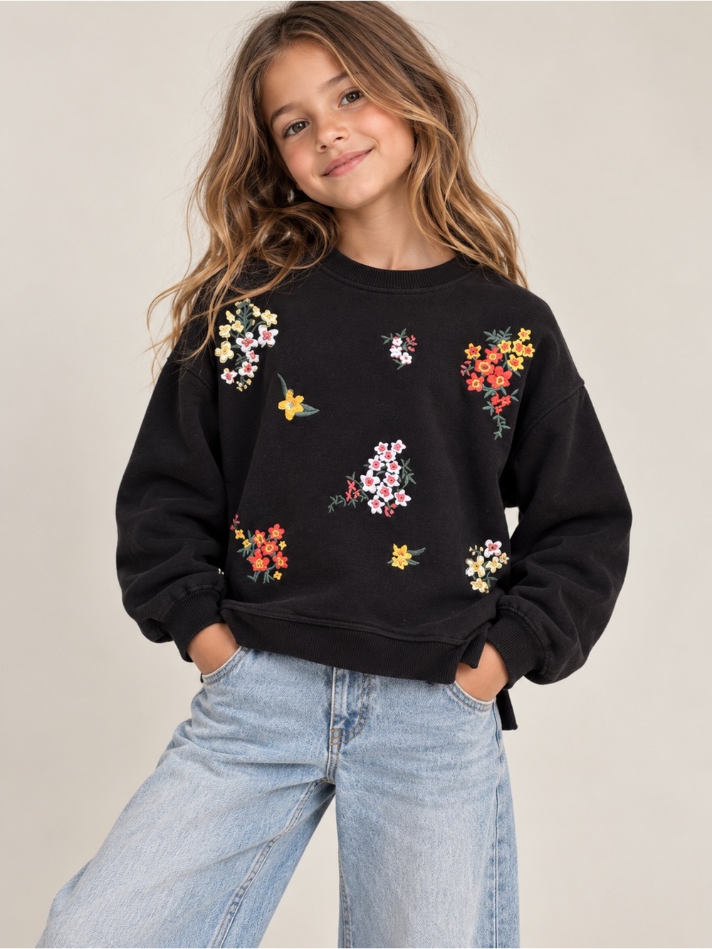 Zara Kids Girls Black Floral Embroidered Sweatshirt Size 7